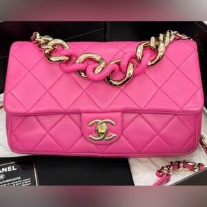CHANEL Quilted acrylic strap Shoulder Bag in peony Pink with Gold Hardware.RARE